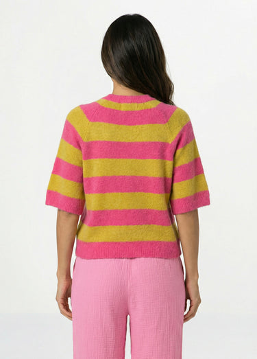 Pull rayé manches courtes avec laine Fuchsia/Vert olive