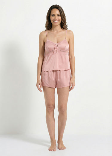Pyjama short en satin et dentelle Rose