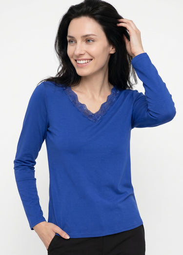 T-shirt court dentelle col V manches longues Bleu Dur