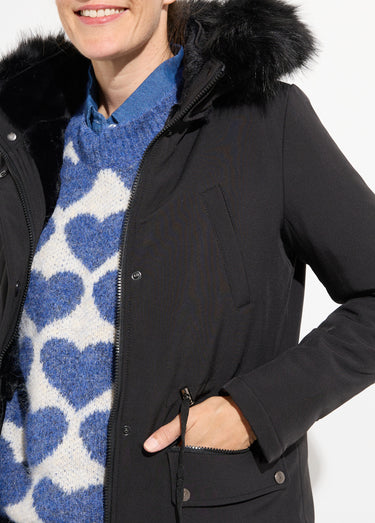 Parka chaude fourrure capuche amovible Noir