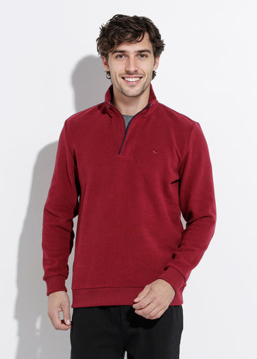 Pull épais jersey de coton, col zippé Bordeaux