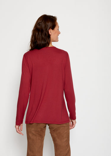 T-shirt long imprimé col V galon irisé Uni Grenat