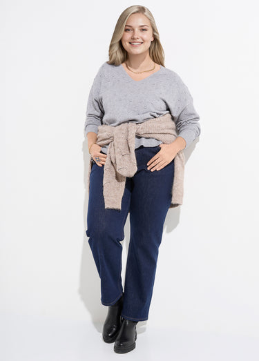 Pull col V maille fantaisie à pois Gris