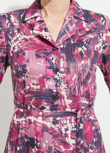 Robe boutonnée col tailleur mi longue imprimée Rose/Marine