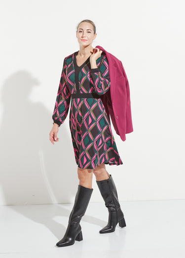 Robe évasée courte graphique col V Rose/Vert