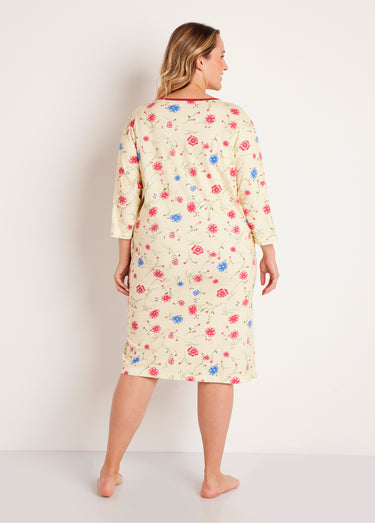 Chemise de nuit coton fleuri manches 3/4 Fond Jaune