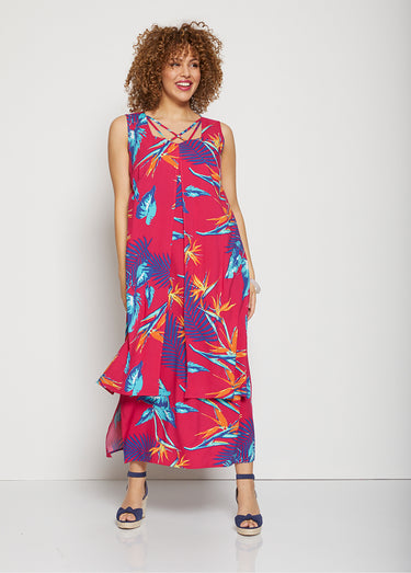 Robe mi-longue sans manches motif végétal Fond Framboise