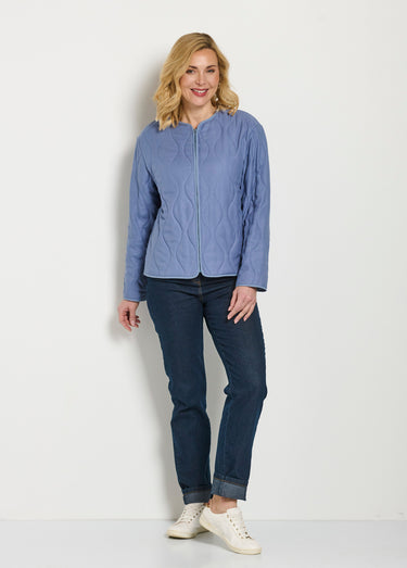 Veste unie matelassée zippée courte col rond Bleu Jean