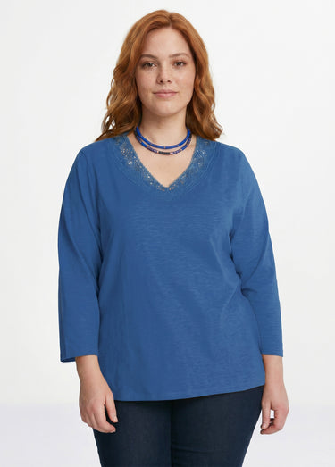 T-shirt manches 3/4 coton et macramé Bleu