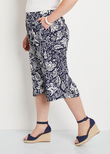 Jupe-culotte taille élastiquée tissu gaufré Bleu / Blanc