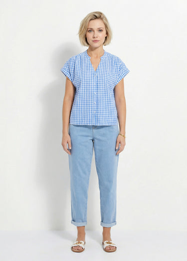 Chemisier à carreaux manches courtes kimono Blanc/Bleu