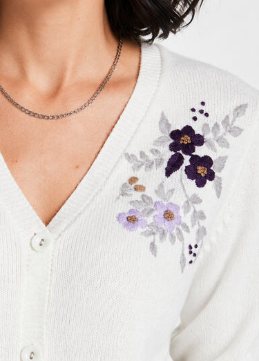 Gilet doux uni col V boutonné court brodé Ecru