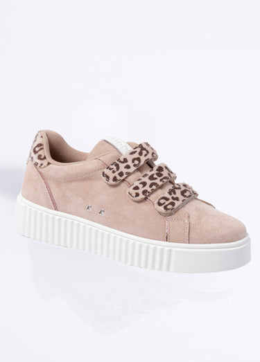Baskets à scratchs, suédine et léopard Beige