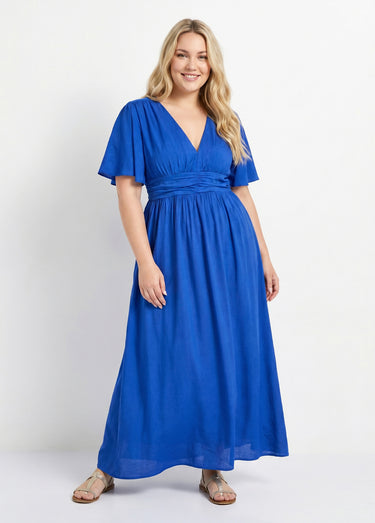 Robe longue taille empire, décolleté V Bleu Electrique
