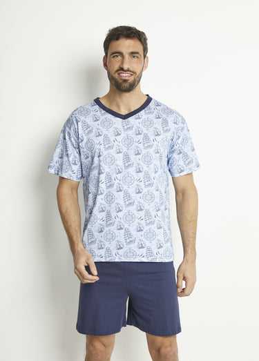 Pyjama short col V jersey coton Bleu Marine