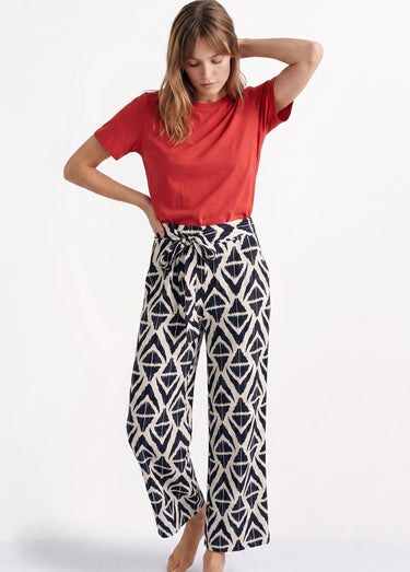 Pantalon large imprimé ethnique losanges Marine/Ecru