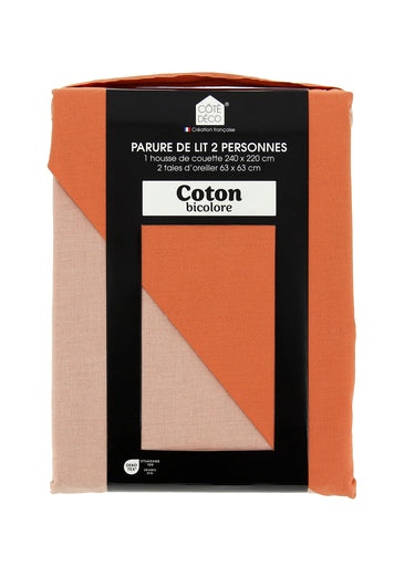 Parure housse de couette bicolore, coton Melon