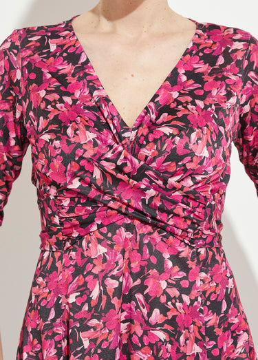 Robe courte cache-coeur maille fleurie Fuchsia/Noir