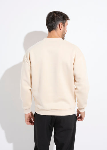 Sweat shirt col rond, détails bord cotes Beige