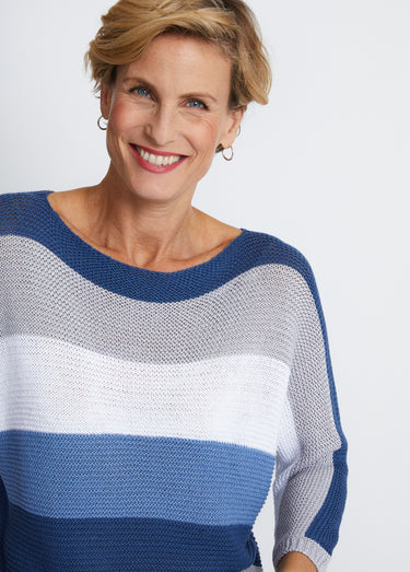 Pull rayé manches 3/4 point mousse Bleu / Gris
