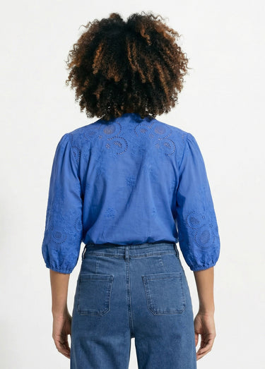 Chemisier long coton brodé manches 3/4 Bleu