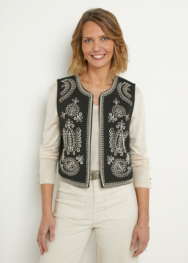 Gilet sans manches brodé style scandinave Noir
