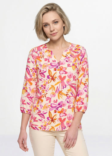 Tunique ample longue fleurie manches 3/4 Orange/Rose