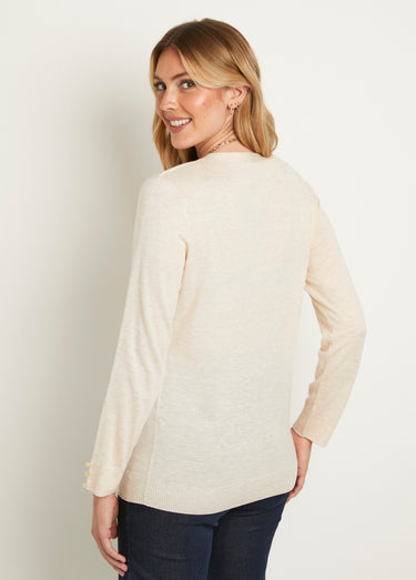 Gilet fin col V boutonné jersey uni avec laine mérinos Ficelle