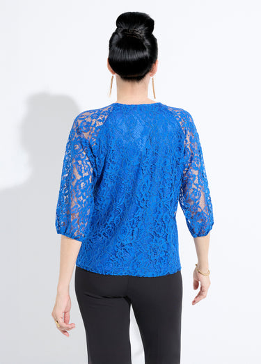 T-shirt dentelle col rond manches 3/4 raglan Bleu Dur