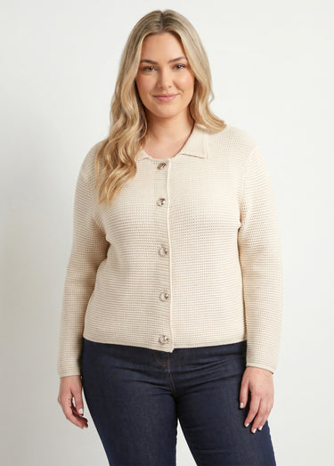 Gilet boutonné uni avec col manches longues Beige
