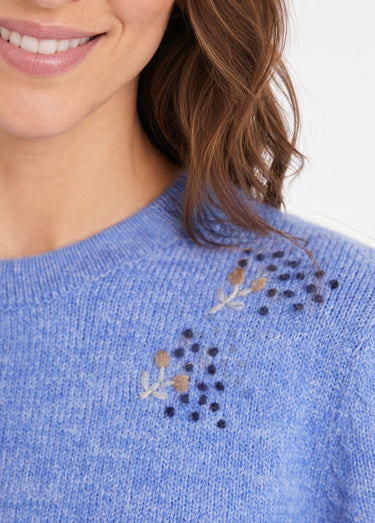 Pull doux uni brodé col rond manches longues Bleu
