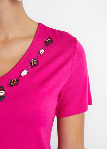 Tee-shirt long col V bijou Fuchsia