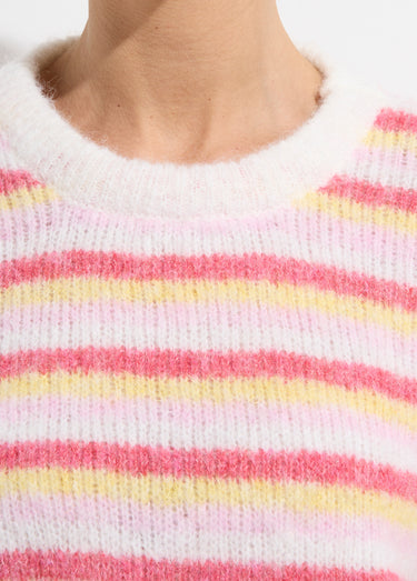 Pull duveteux col rond, rayures pastel Rose/Jaune