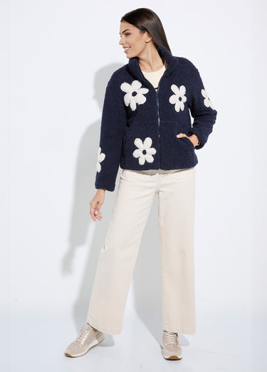 Blouson col montant motif grosses fleurs Marine
