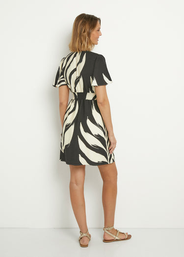 Robe courte imprimée col V manches papillon Noir/Ecru