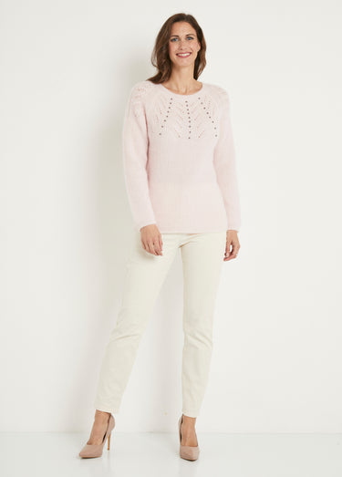 Pull doux maille poilue col rond perlé ajouré Rose