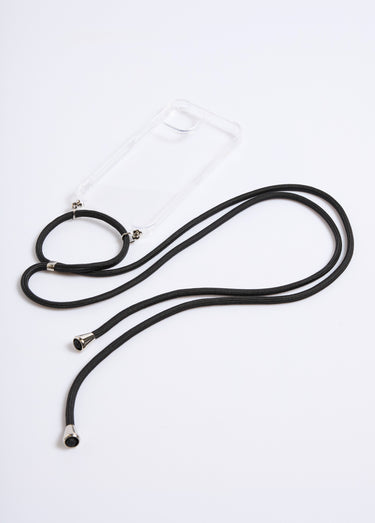 Coque silicone et cordon pour iPhone 13 ou 14 Transparent/Noir