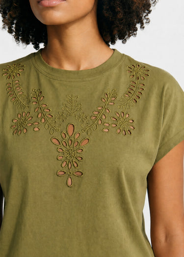 T-shirt coton encolure broderie anglaise Kaki
