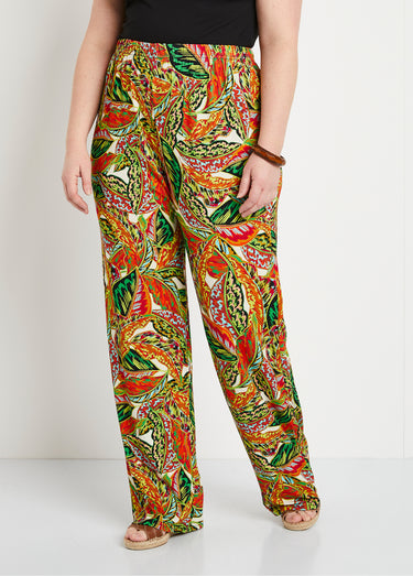 Pantalon ceinture élastiquée motif feuillage Vert/Rouge