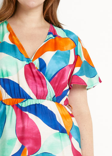Robe longue cache-coeur volantée manches courtes Orange/Bleu