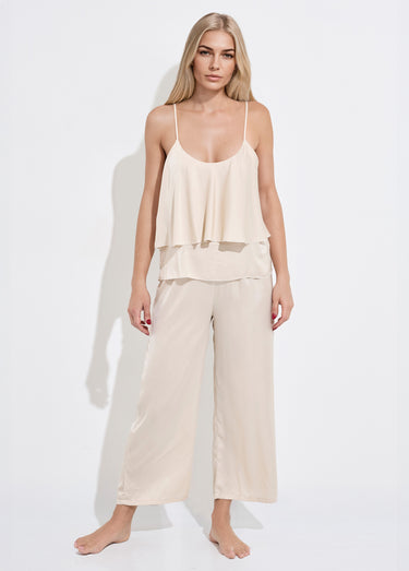 Pyjama long en satin avec caraco Beige