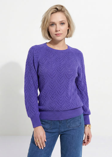 Pull doux court col rond uni ajouré Violet