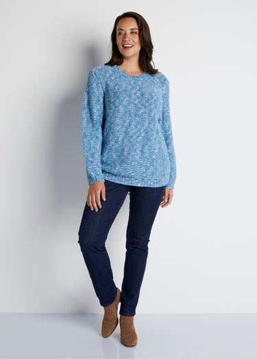 Pull mouliné col rond avec laine et alpaga Bleu / Écru