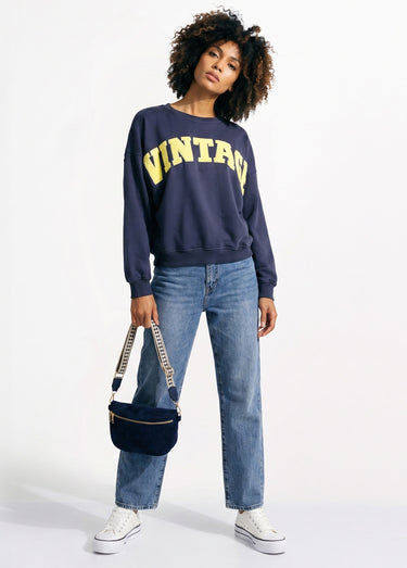 Sweat-shirt col rond inscription Vintage Marine/jaune
