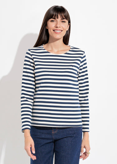 Marinière col rond dégagé broderie cœur Marine
