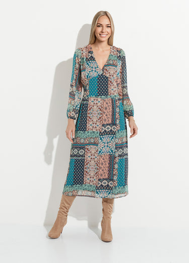 Robe longue voile crépon imprimé patchwork Vert / Écru