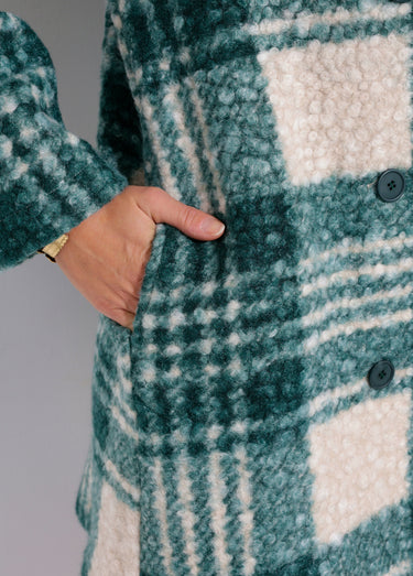 Caban carreaux long façon laine bouclée Vert / Écru