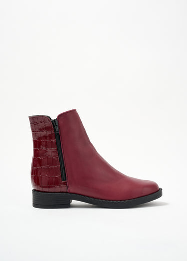 Boots zippées cuir largeur confort effet croco Bordeaux