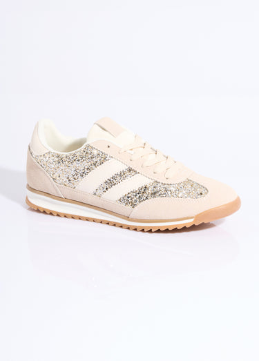 Sneakers inspiration rétro, à paillettes Beige