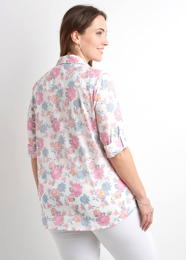 Chemisier boutonné long coton imprimé fleurs Imprime/Rose